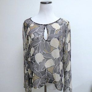 Ella Moss sheer black tan white silk scoop neck keyhole floral tunic top M